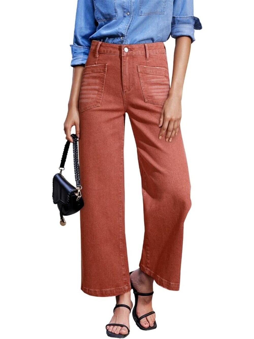 Women's Red Wide Leg Jeans High Waisted Stretchy Stylish Ankle Denim Pant